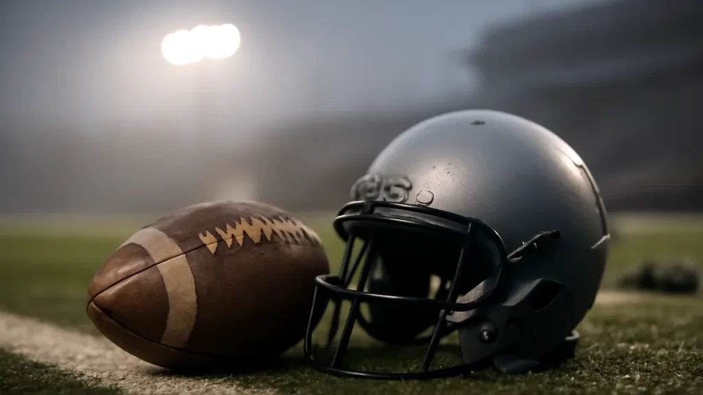 Weathered football and plain helmet on wet turf under stadium lights.