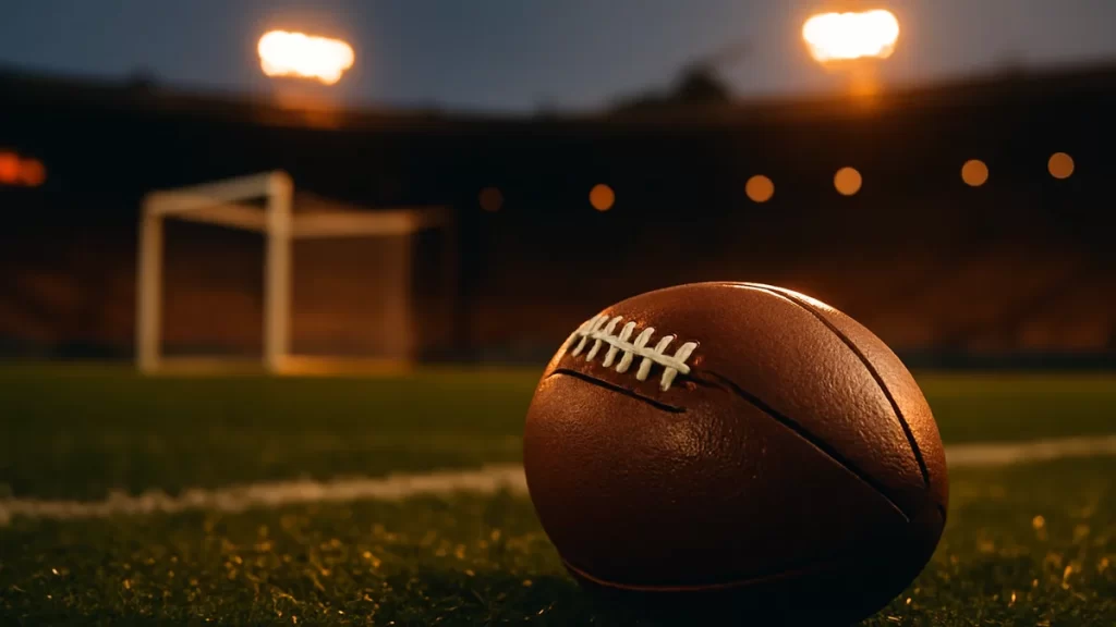 Football on wet grass by sideline under floodlights, empty blurred stands