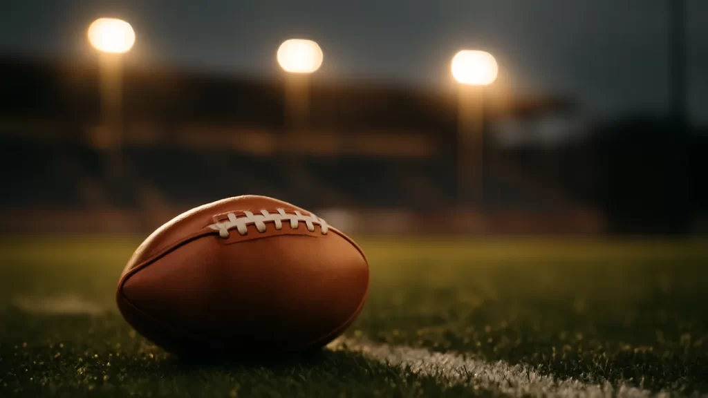 Close-up of a football on wet pitch near a chalk penalty spot, empty stands