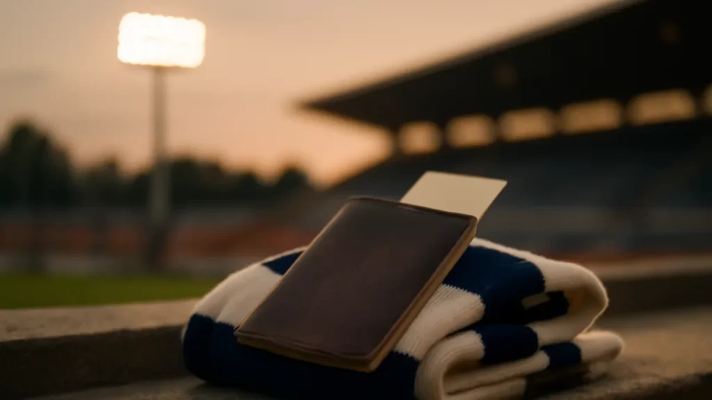 Watching a match abroad: a practical spending guide Passport and plain ticket on stadium steps, floodlights and empty stand