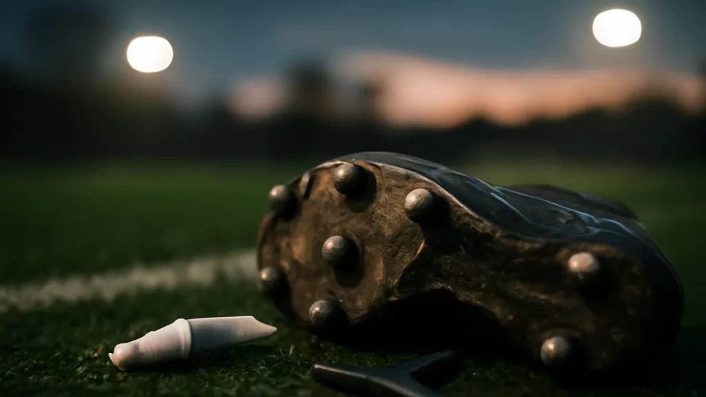 Worn football boots flipped to show rounded studs on wet grass.