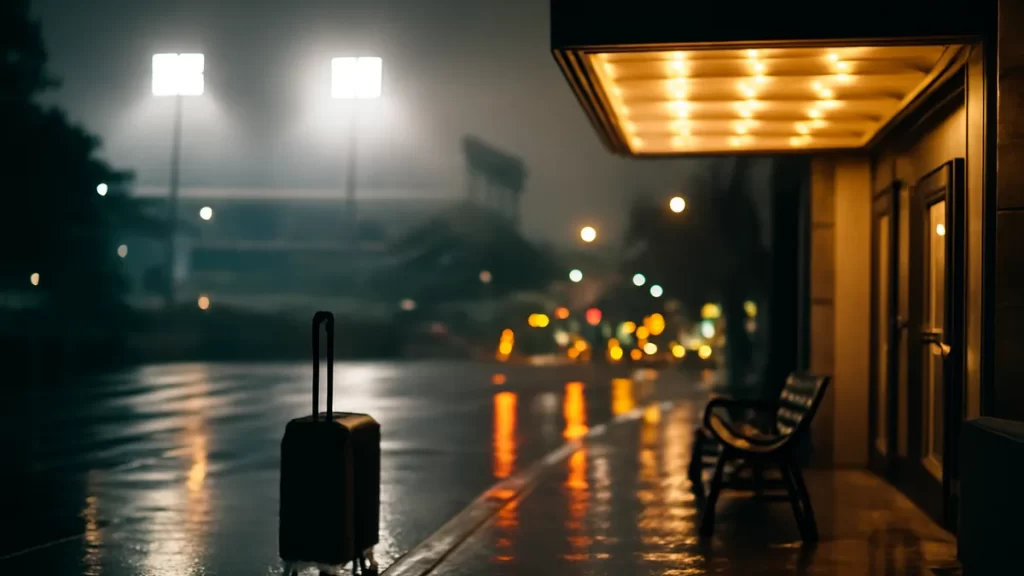 Wet street outside hotel canopy with suitcase, taxis, distant floodlit stadium