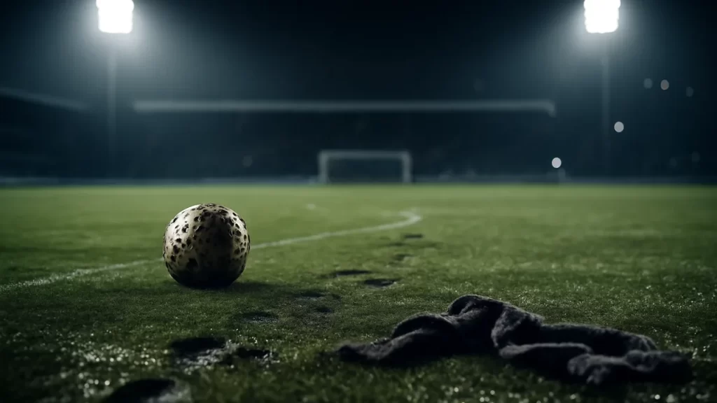 Rain-slicked pitch at night with lone ball and empty shadowed stands