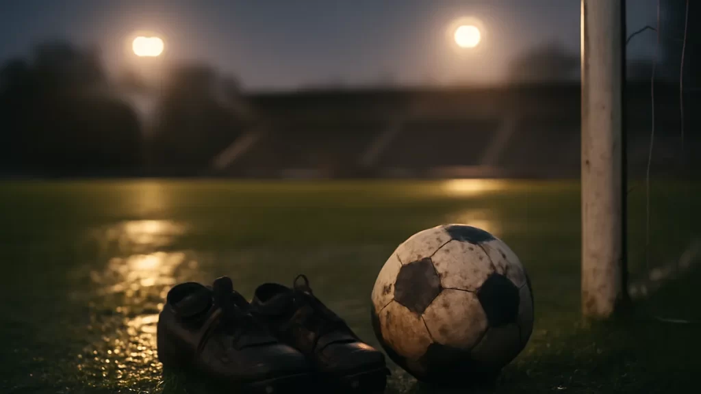 ASU prospect remains hospitalised after workout collapse; lawyer seeks answers Abandoned boots and scuffed ball beside goal on wet pitch at dusk.