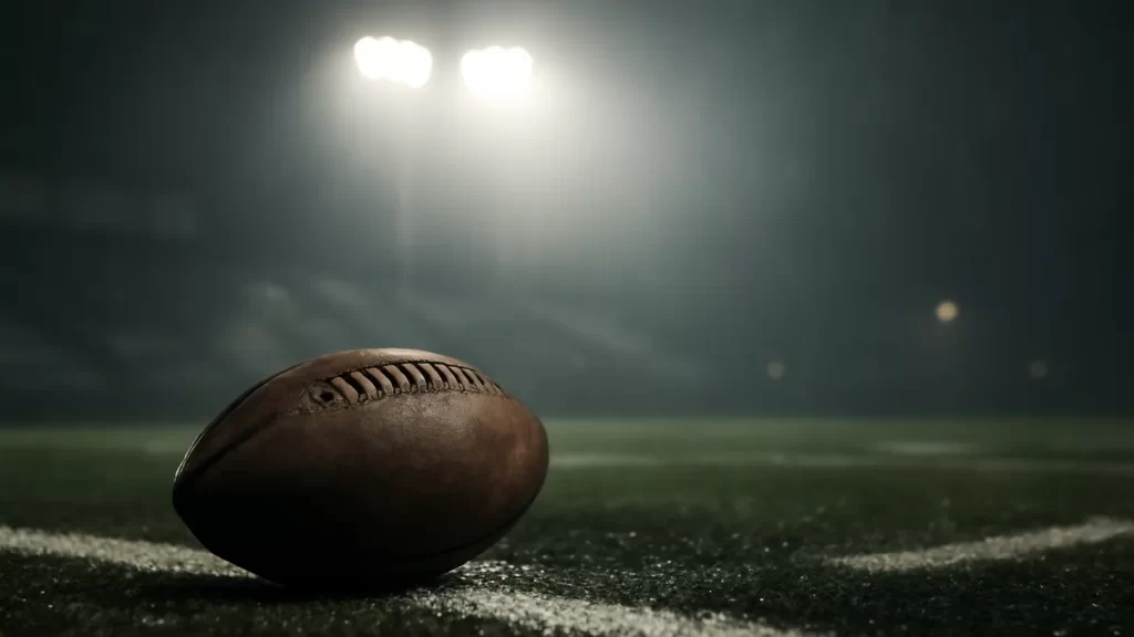 Bears rout Panthers 59-37 in record-setting NFL opener Leather football on rain-slick turf under bright floodlights, empty blurred stands.