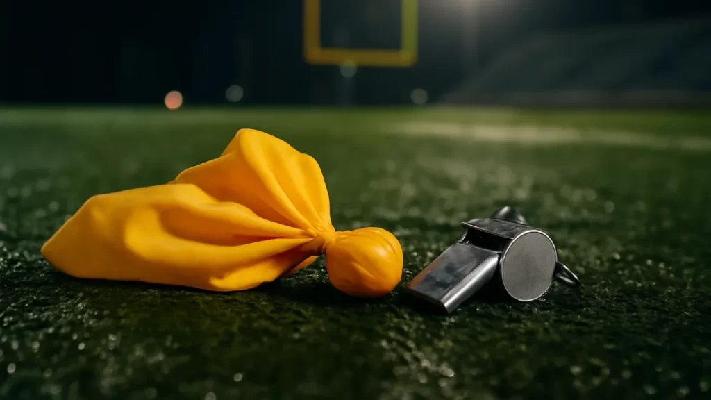 Broncos steal Week 3 win as officials face heavy scrutiny Yellow penalty flag and whistle on wet football turf under floodlights.