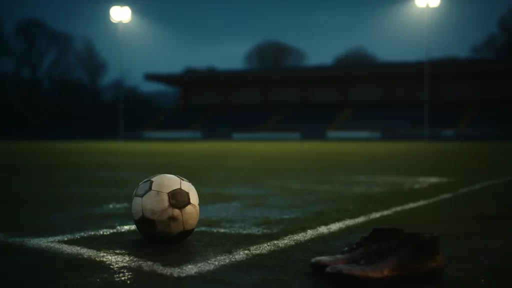 Solitary football on wet pitch, muddy boots at sideline, empty stands.