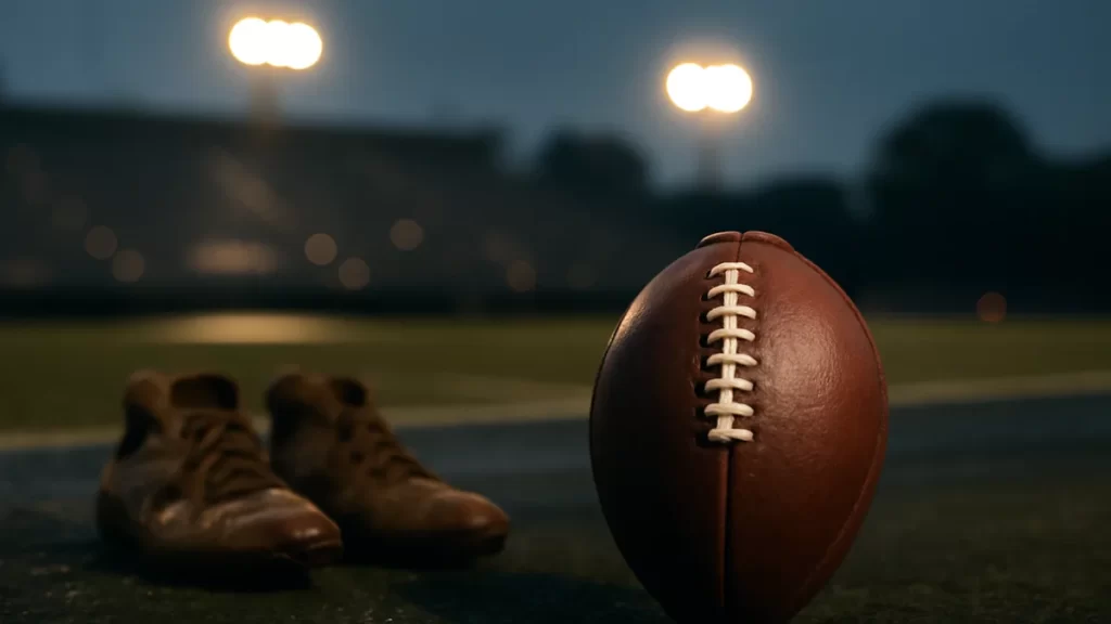 Football on wet turf under floodlights, abandoned cleats and empty stands.