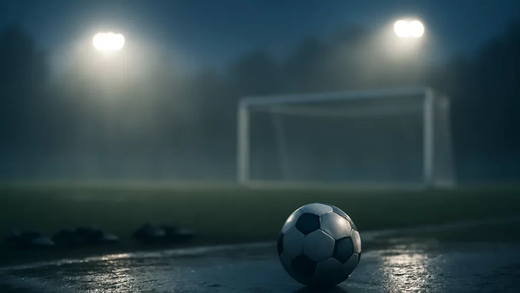 Clippers promote Trent Redden as interim president amid Lawrence Frank suspension Solitary football on wet pitch under floodlights, empty stands and goal net.
