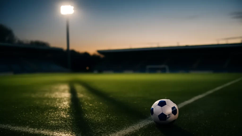 Lone football on wet pitch under floodlights, empty blurred stands.