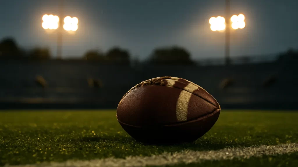 Myles Garrett trade reshapes Browns and Rams for 2026 season Close-up of a lone football on wet turf under glowing floodlights.