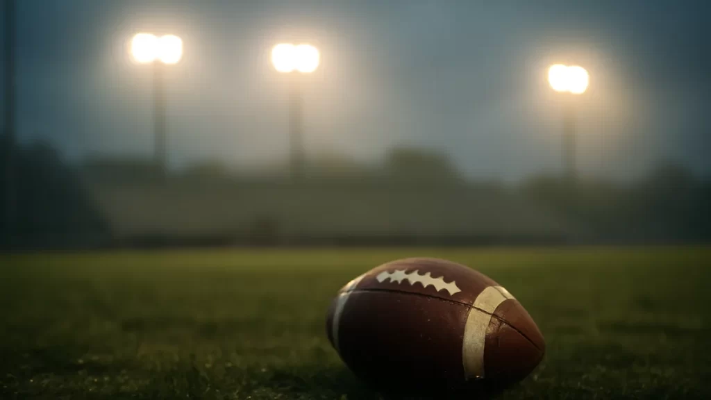 Football on wet turf under floodlights, empty blurred stands in background