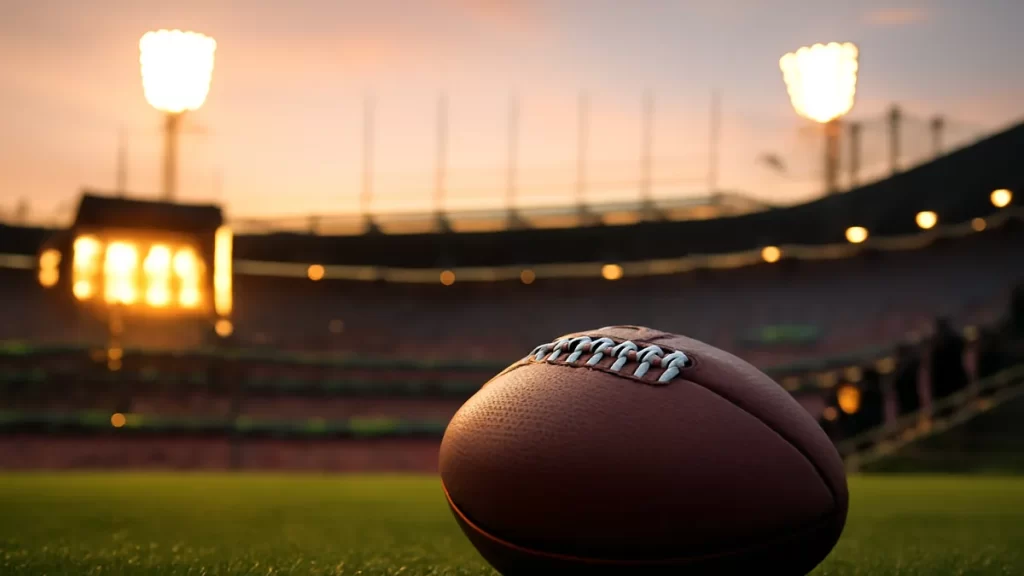 NFL draws 100,021 to Melbourne for historic season opener American football on dewy turf with sunrise-lit packed stadium blur.