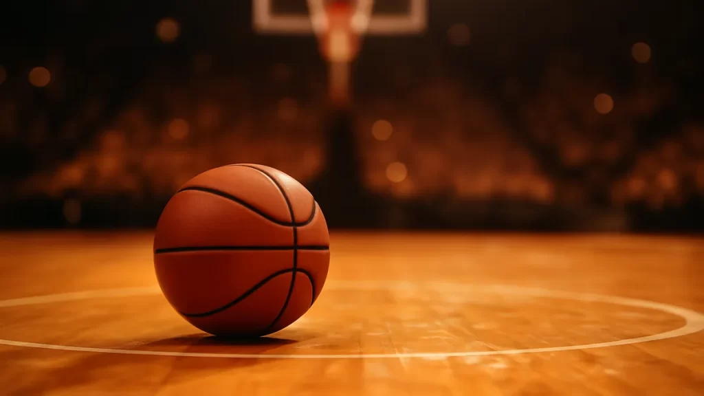 Season reset: WNBA resumes as playoffs open this week Unbranded basketball on hardwood court, hoop and empty stands blurred