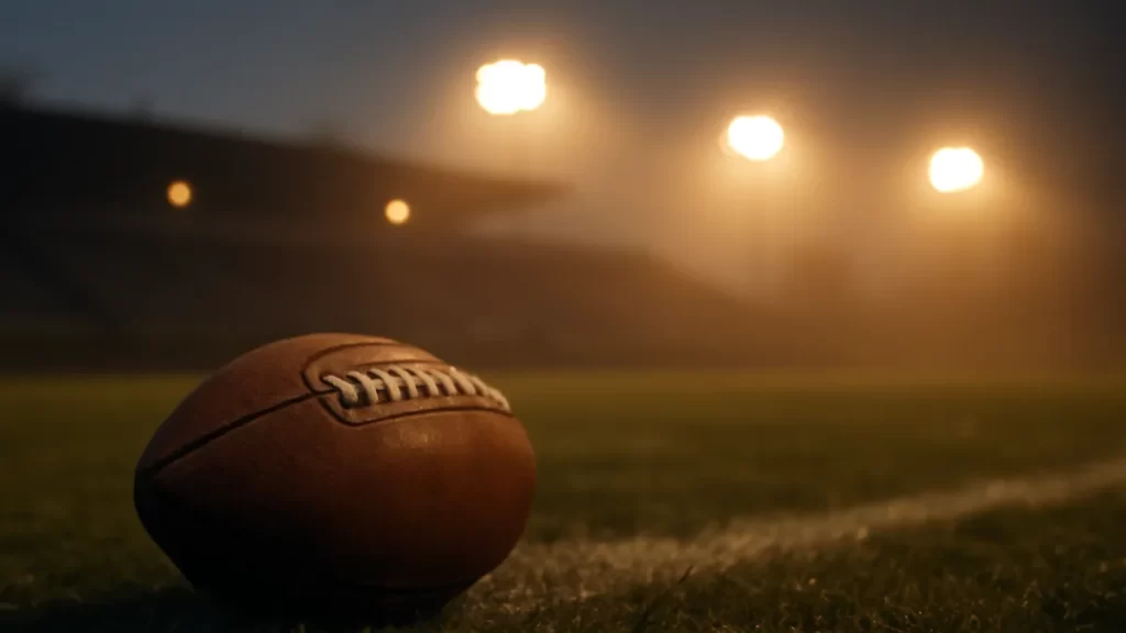 Brock Purdy poised to claim highest career passer rating once qualified Scuffed football on wet turf with blurred empty stands and floodlights