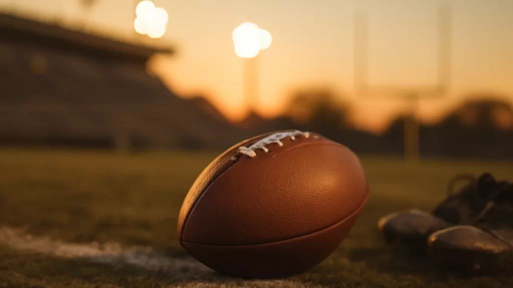 Football on worn turf, muddy cleats, empty stands, evening floodlights.