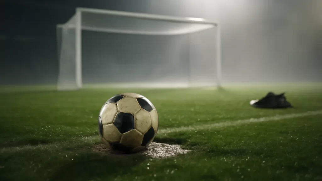 Scuffed ball by goal on wet turf under stadium floodlights.