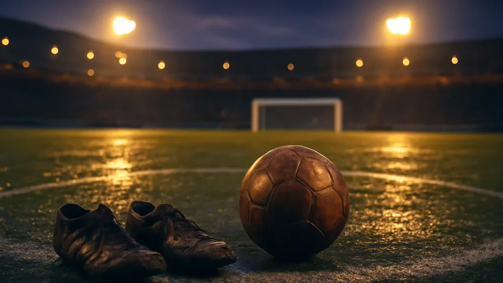 Wet football on center circle, boots nearby, empty floodlit stadium.