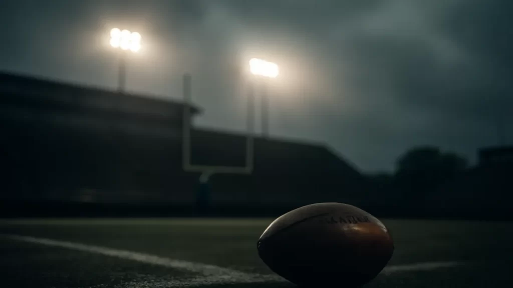 NFC East falls short of pre-season promise through five weeks Scuffed football on rain-dark field under glowing stadium floodlights at dusk.