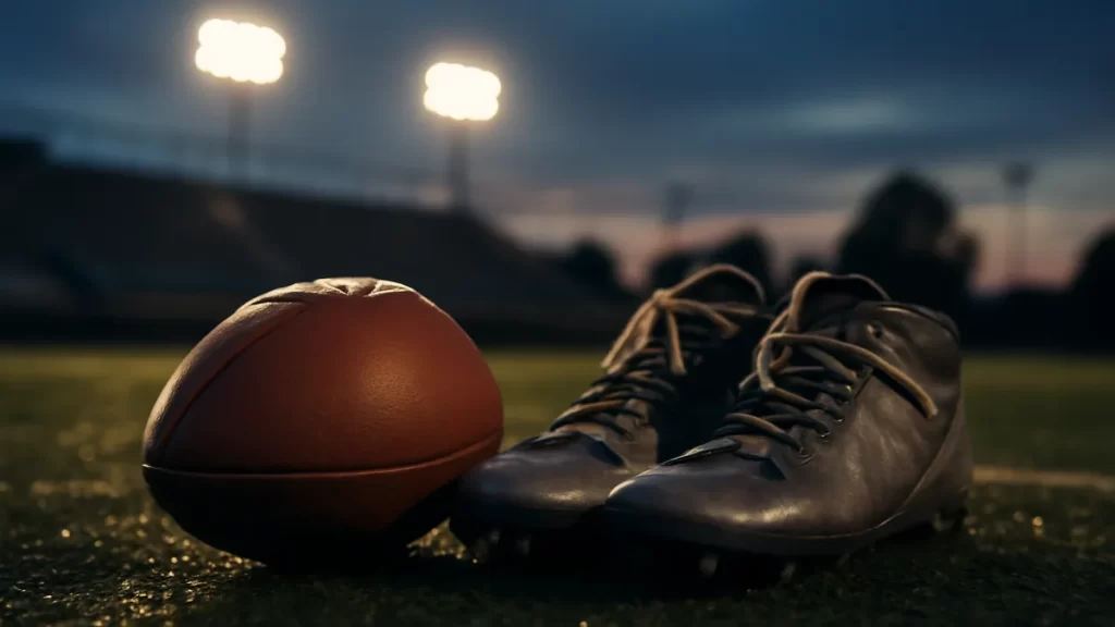 Football and receiver cleats on wet turf under stadium floodlights