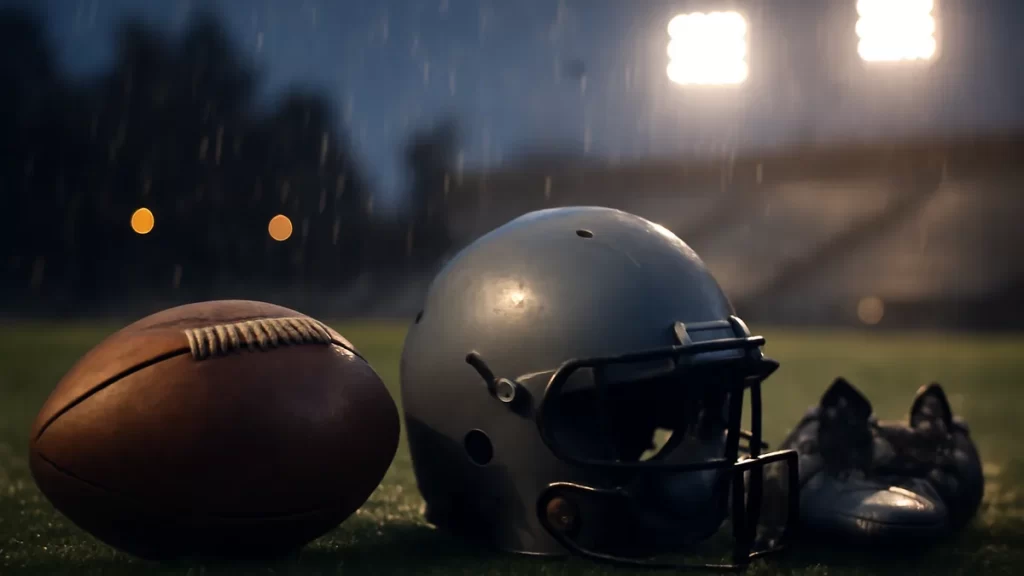 Scuffed football and helmet on wet turf under stadium floodlights.