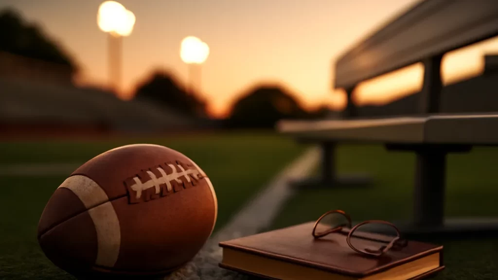 Travis Kelce outlines life after football while staying focused on play Football on turf by a leather notebook and glasses, empty stands blurred