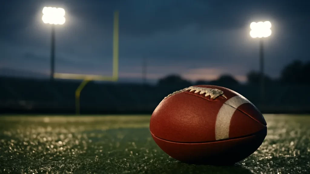 Unbeaten NFL teams: how perfect are they really at this stage? Football on rain-glossed turf with blurred empty stands and goalpost