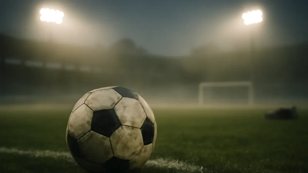 Scuffed football on wet grass with floodlights and empty stands